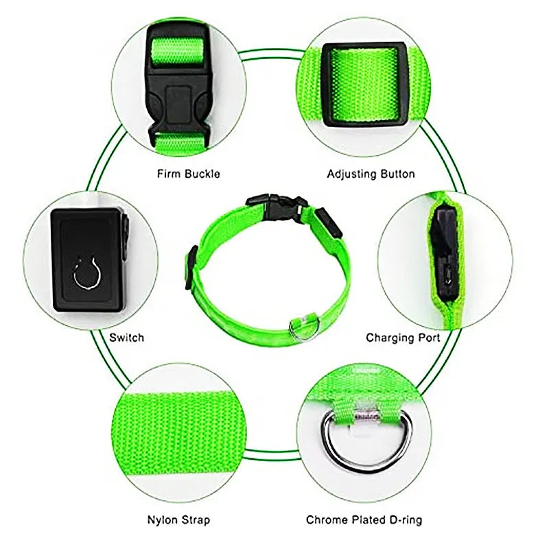 LED GLOWING DOG COLLAR SIZES X SMALL XX LARGE MANY COLORS!