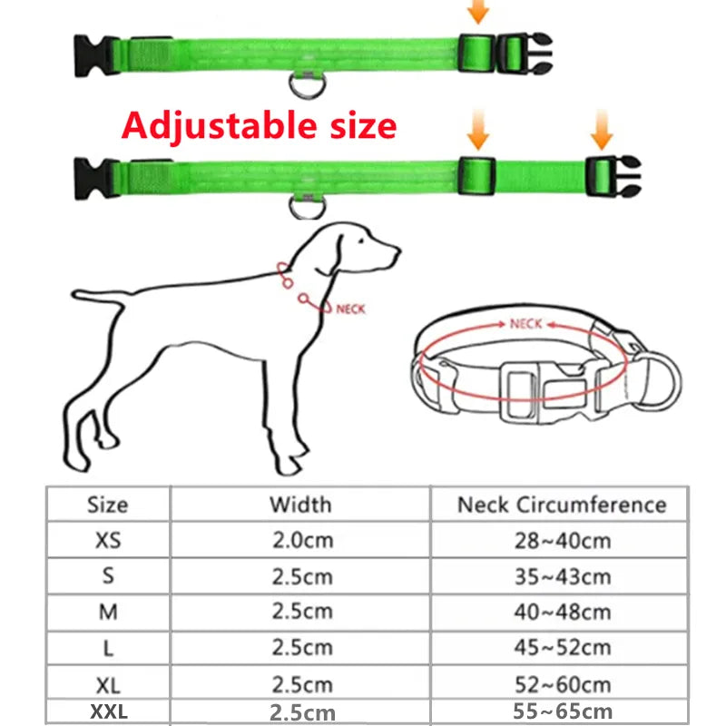 LED GLOWING DOG COLLAR SIZES X SMALL XX LARGE MANY COLORS!